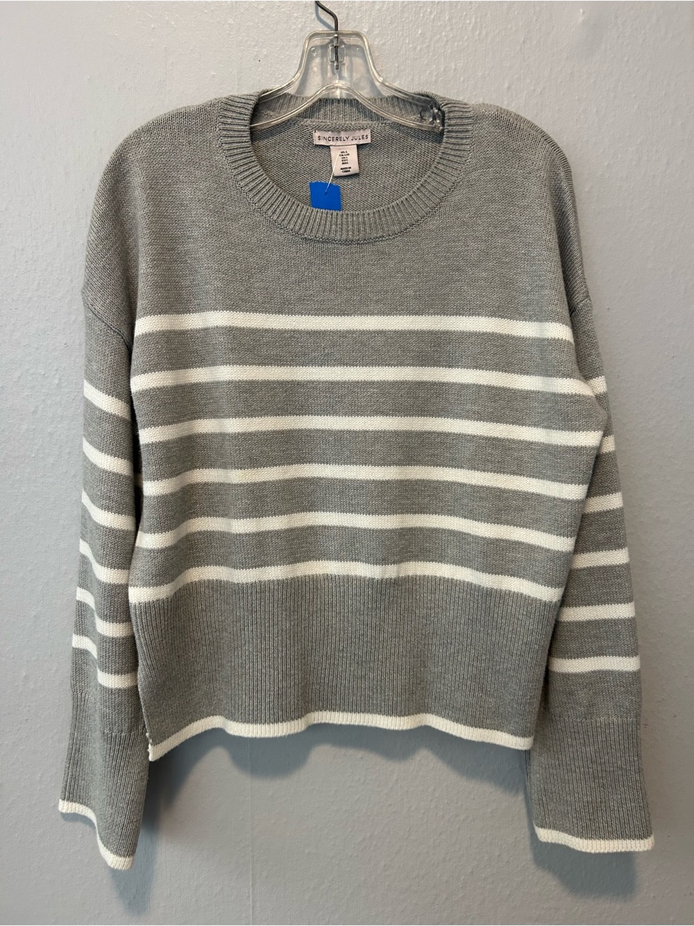 Sincerly Jules Gray and White Striped Crewneck Sweater